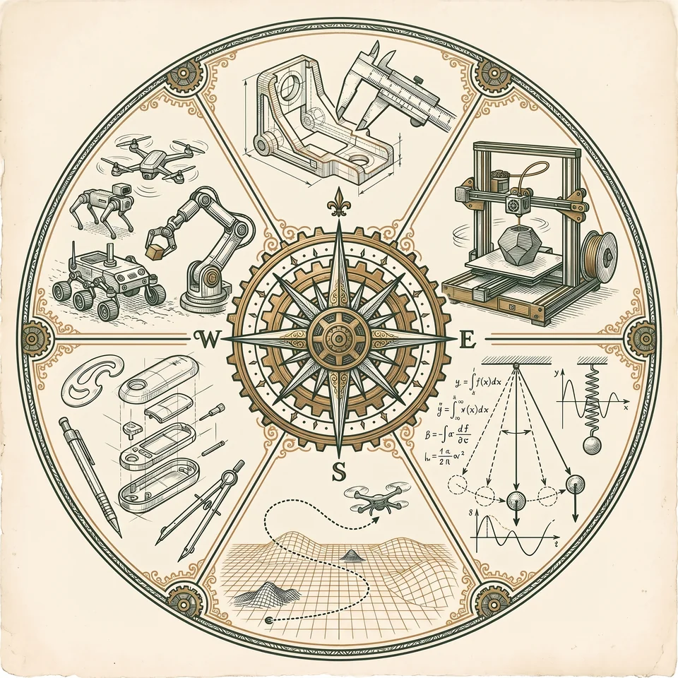 An engraved emblem of six crafts: CAD, 3D printing, physics and math, simulation, design, robotics