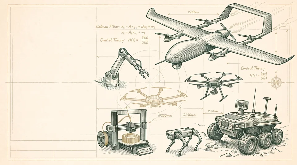 An engraved illustration of my work: VTOL and multirotor drones, a quadruped robot, a rover, a robotic arm, a 3D printer and the equations behind them